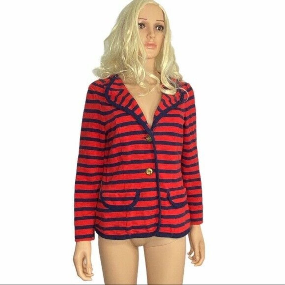 CABI Au Revoir Yacht Club Nautical Knit Blazer M Red Blue Stripe - Picture 1 of 12